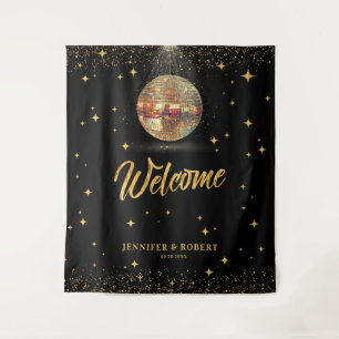 Retro Black Gold Glitter Disco Wedding Welcome Tapestry
