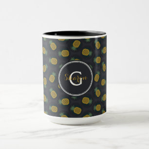 Retro black gold pineapple patterns monogram mug