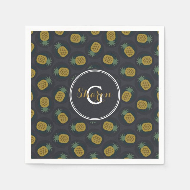 Retro black gold pineapple patterns monogram napkin (Front)