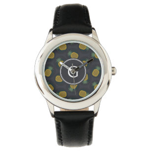 Retro black gold pineapple patterns monogram watch