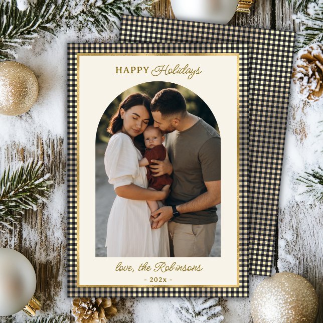 Retro Black Gold Plaid Arch Photo Christmas Happy  Holiday Card (Creator Uploaded)