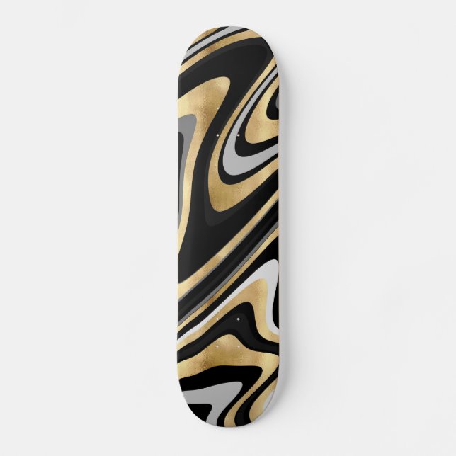 Retro Black Gold Wavy Lines Modern Design Skateboard (Front)