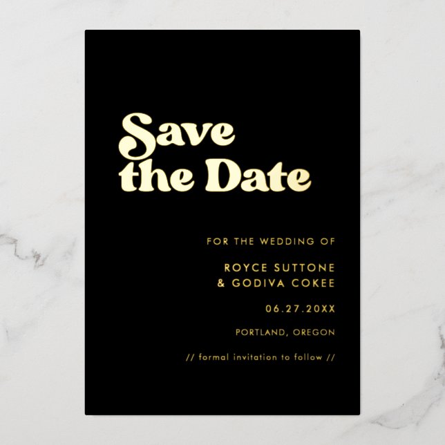 Retro black & gold wedding save the date foil card (Front)