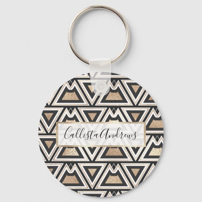 Retro Black Gold White Triangle Geometric Key Ring (Front)