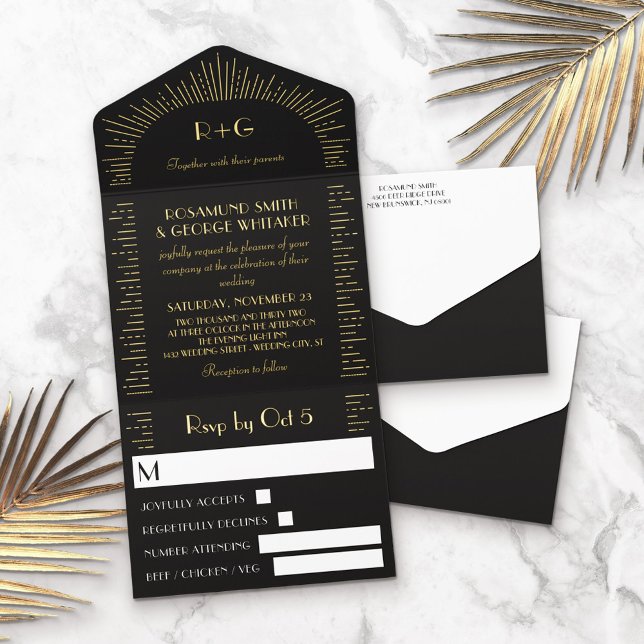 Retro Black Golden Sunbursts Monogram Wedding All In One Invitation (Creator Uploaded)