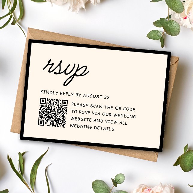 Retro Black & Ivory Wedding QR Code RSVP Card (Retro black and ivory QR code RSVP card makes guest replies quick and stylish.)
