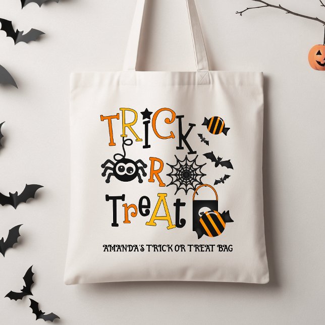 Retro Black Kids Halloween Trick Or Treat Tote Bag (Halloween Trick or Treat Tote Bag, Personalized Kids Trick Or Treat Tote, Spider Candy Trick Treat)