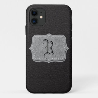 Retro Black Leather Personalised Monogram iPhone 11 Case