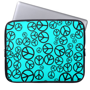 Retro Black Peace Signs on Aqua Blue Laptop Sleeve