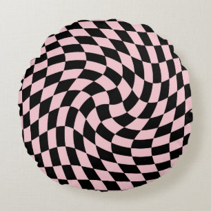 Retro Black Pink Checks Warped Chequered Dorm Round Cushion