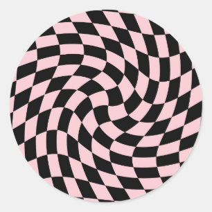 Retro Black Pink Pastel Warped Checks Chequered   Classic Round Sticker