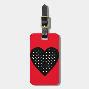 Retro Black Polka Dot Heart on Red Background Luggage Tag