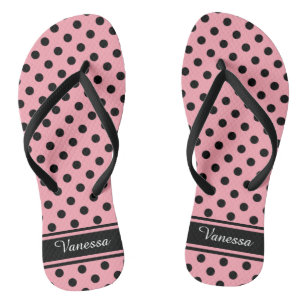 Retro Black Polka Dots Monogram Thongs