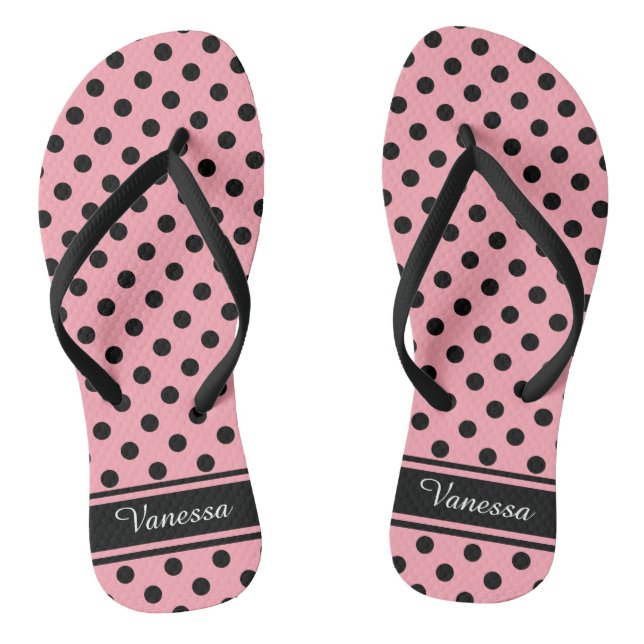 Retro Black Polka Dots Monogram Thongs (Footbed)