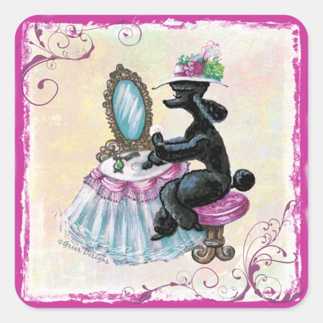 Retro Black Poodle in Her Boudoir Square Sticker (Front)