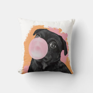 Retro Black Pug Pink Bubblegum Cushion