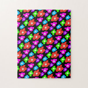 Retro Black Rainbow Colourful Flowers Pattern Jigsaw Puzzle