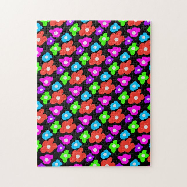Retro Black Rainbow Colourful Flowers Pattern Jigsaw Puzzle (Vertical)