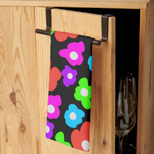 Retro Black Rainbow Colourful Flowers Pattern Tea Towel