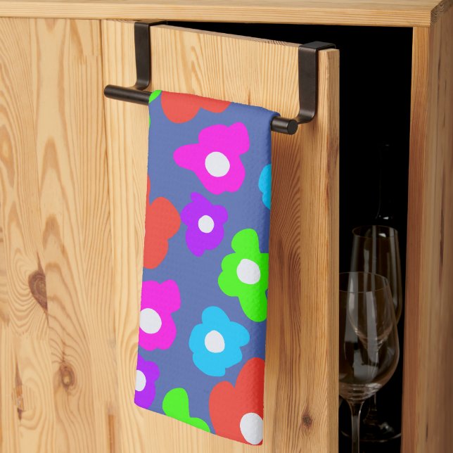 Retro Black Rainbow Colourful Flowers Pattern Tea Towel (Thirds Fold)