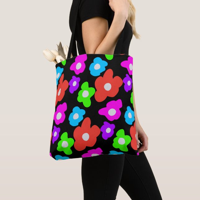 Retro Black Rainbow Colourful Flowers Pattern Tote Bag (Close Up)