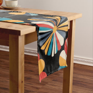 Retro Black Rainbow geometric Flowers Pattern  Short Table Runner