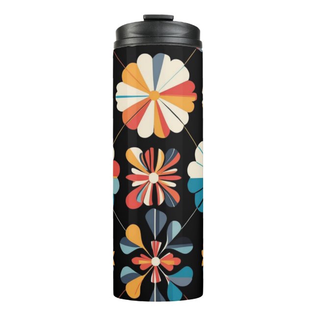 Retro Black Rainbow geometric Flowers Pattern  Thermal Tumbler (Front)