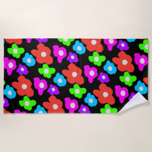 Retro Black Rainbow pride colour Flowers Pattern Beach Towel