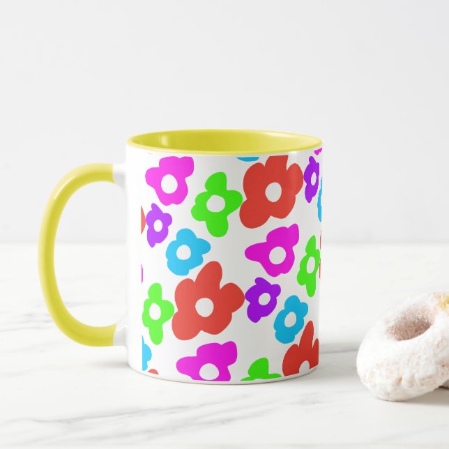 Retro Black Rainbow pride colour Flowers Pattern Mug (With Donut)