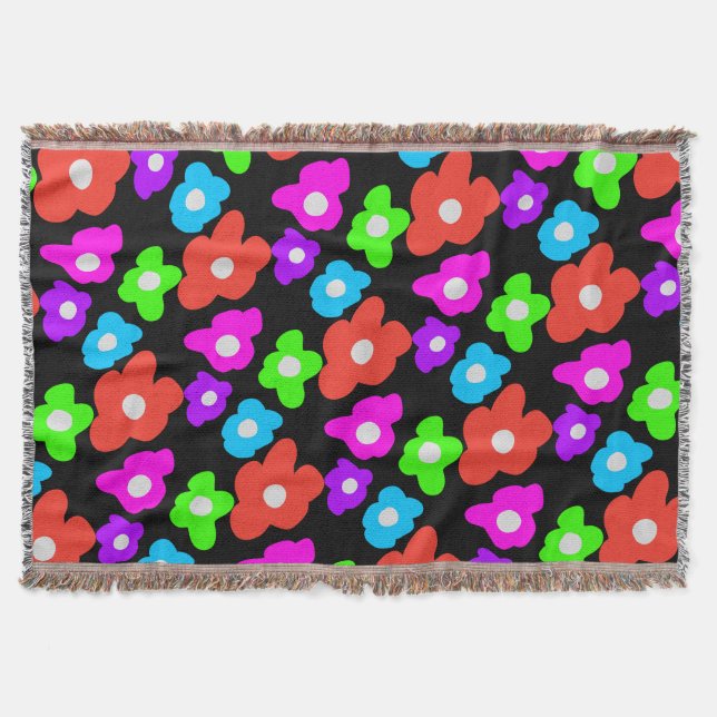 Retro Black Rainbow pride colour Flowers Pattern Throw Blanket (Front)