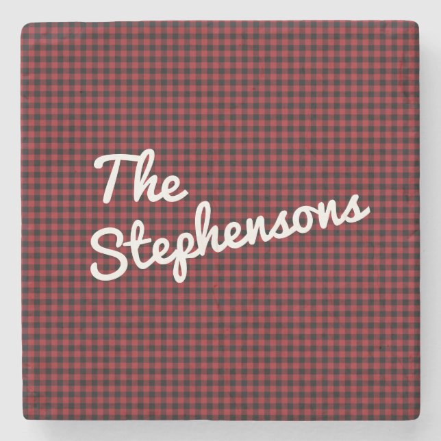 Retro Black Red Buffalo Check Plaid Personalised  Stone Coaster (Front)