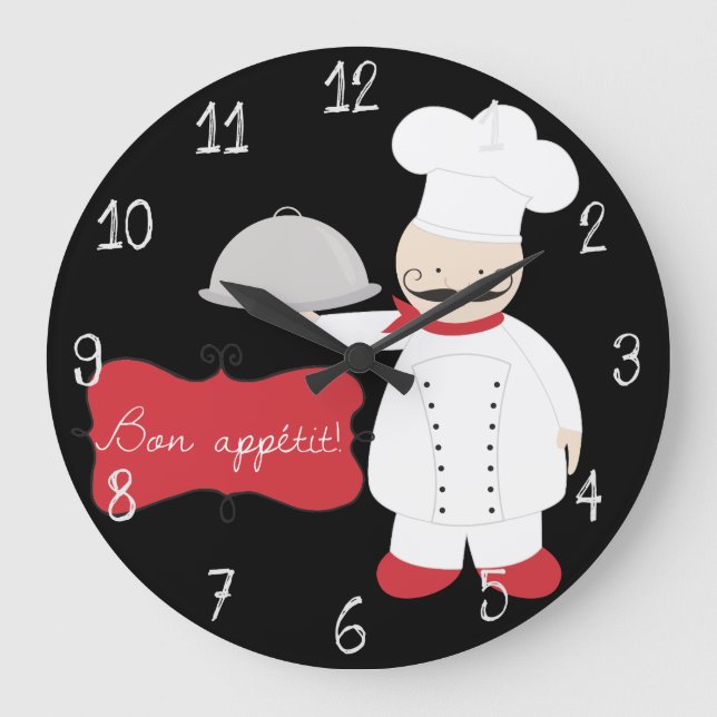 Retro Black Red & White Chef Bon Appetit! Large Clock (Front)