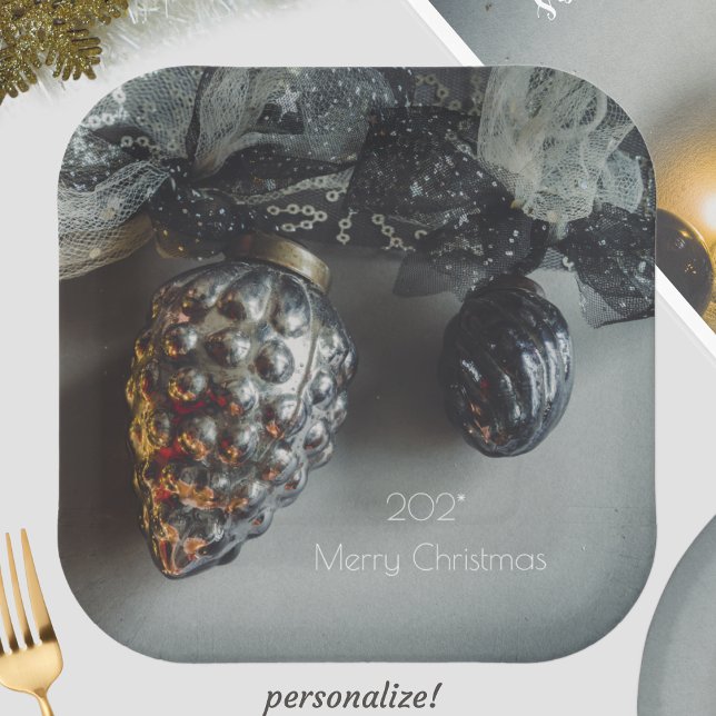 Retro Black Silver Christmas Ornaments with Ribbon Paper Plate (Creator Uploaded)