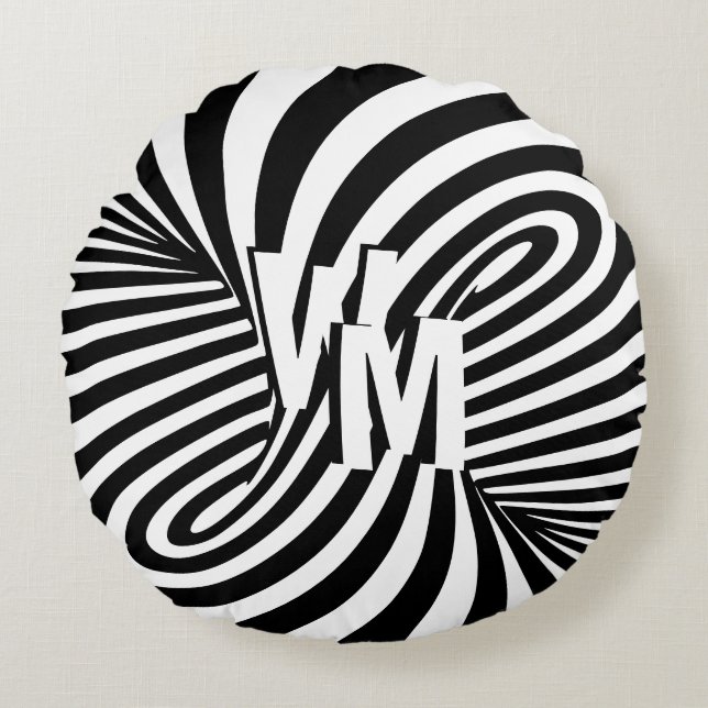 Retro Black White Abstract Zebra Pattern Initials Round Cushion (Front)