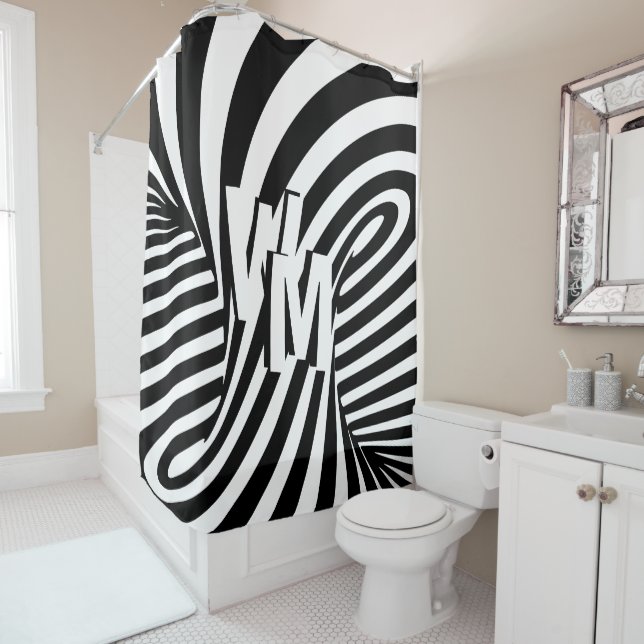 Retro Black White Abstract Zebra Pattern Initials Shower Curtain (In Situ)