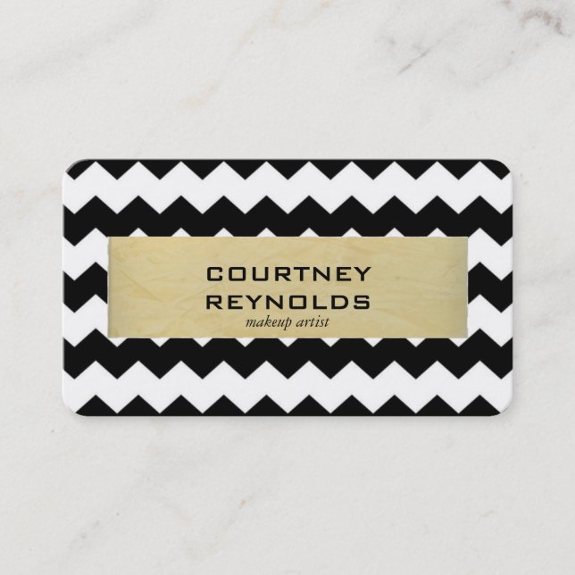Retro Black White and Beige Chevron Pattern Business Card (Front)