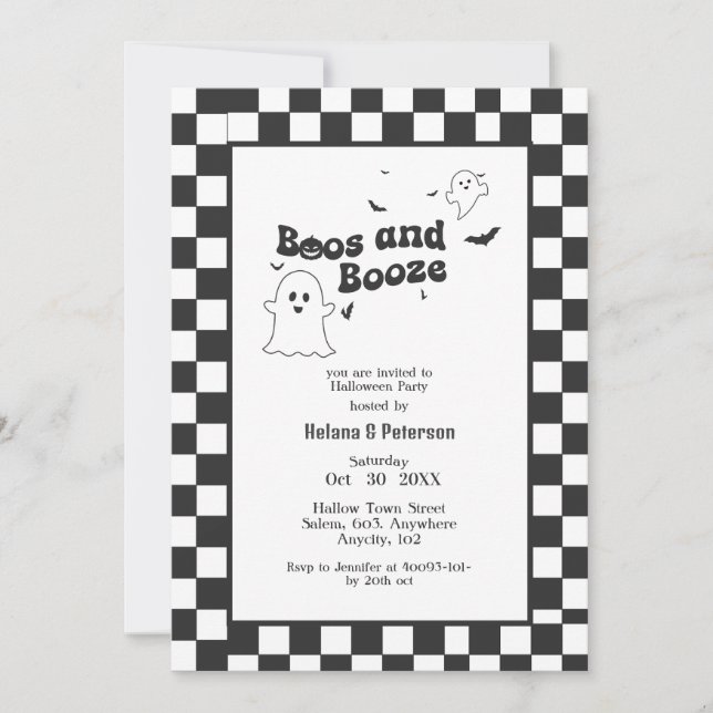 Retro black & white Boos and Booze Halloween Party Invitation (Front)