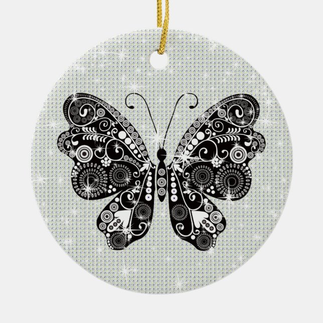 Retro Black & White Butterfly Ceramic Ornament (Front)