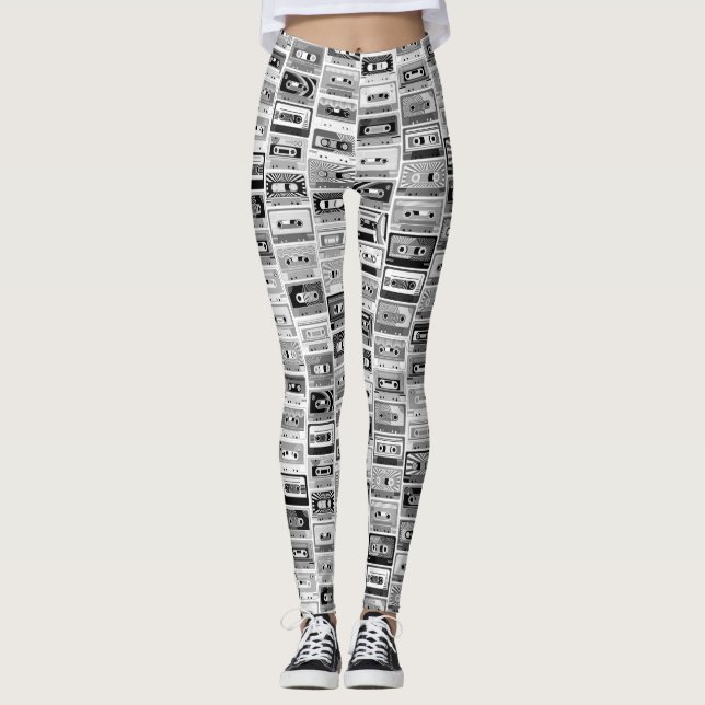 Retro Black & White Cassette Tapes Leggings (Front)