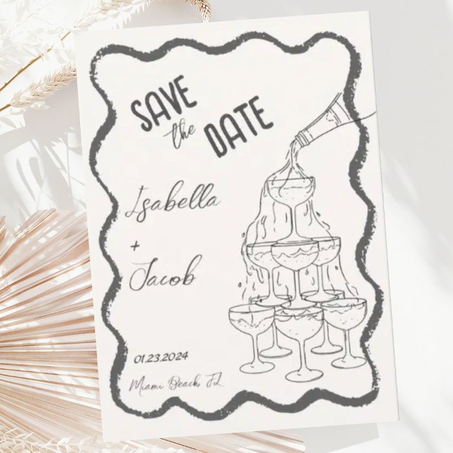 Retro Black & White Champagne Tower Save the Date Invitation (Creator Uploaded)