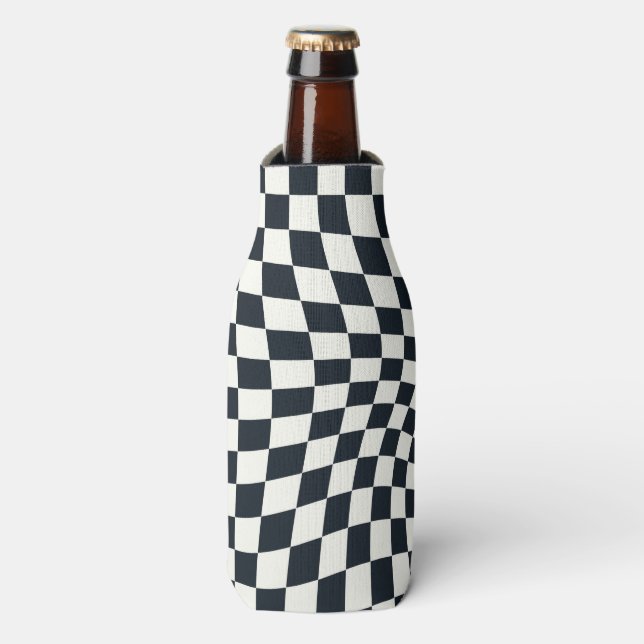 Retro Black White Checked Warped Chequered  Bottle Cooler (Bottle Front)