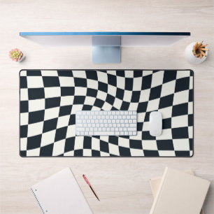 Retro Black White Checked Warped Chequered  Desk Mat