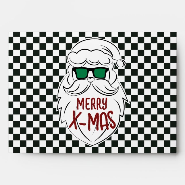 Retro Black White Checkered Santa Claus Christmas Envelope (Front)