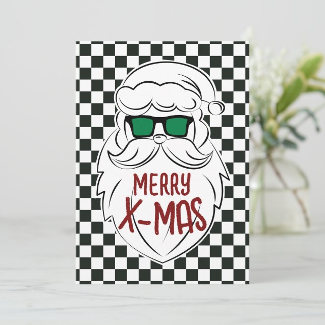 Retro Black White Checkered Santa Claus Christmas  Holiday Card (Standing Front)