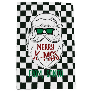 Retro Black White Checkered Santa Claus Christmas Medium Gift Bag