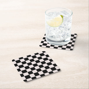 Retro Black White Checks Chequerboard Pattern  Square Paper Coaster
