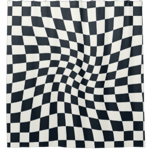 Retro Black White Checks Warped Checkered Shower Curtain