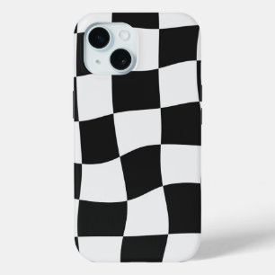 Retro Black & White Checks Warped Chequerboard iPhone 15 Case