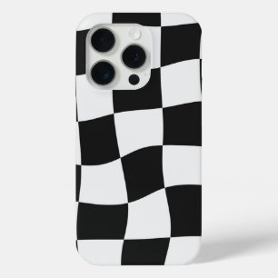 Retro Black & White Checks Warped Chequerboard iPhone 15 Pro Case