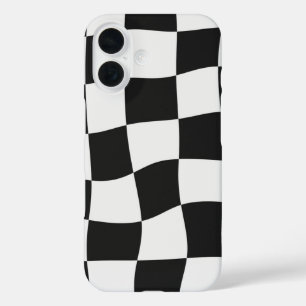 Retro Black & White Checks Warped Chequerboard iPhone 16 Case